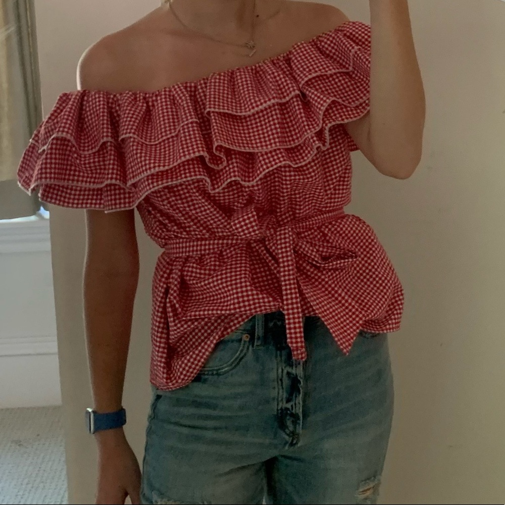 Who What Wear Red Gingham Off the Shoulder Top